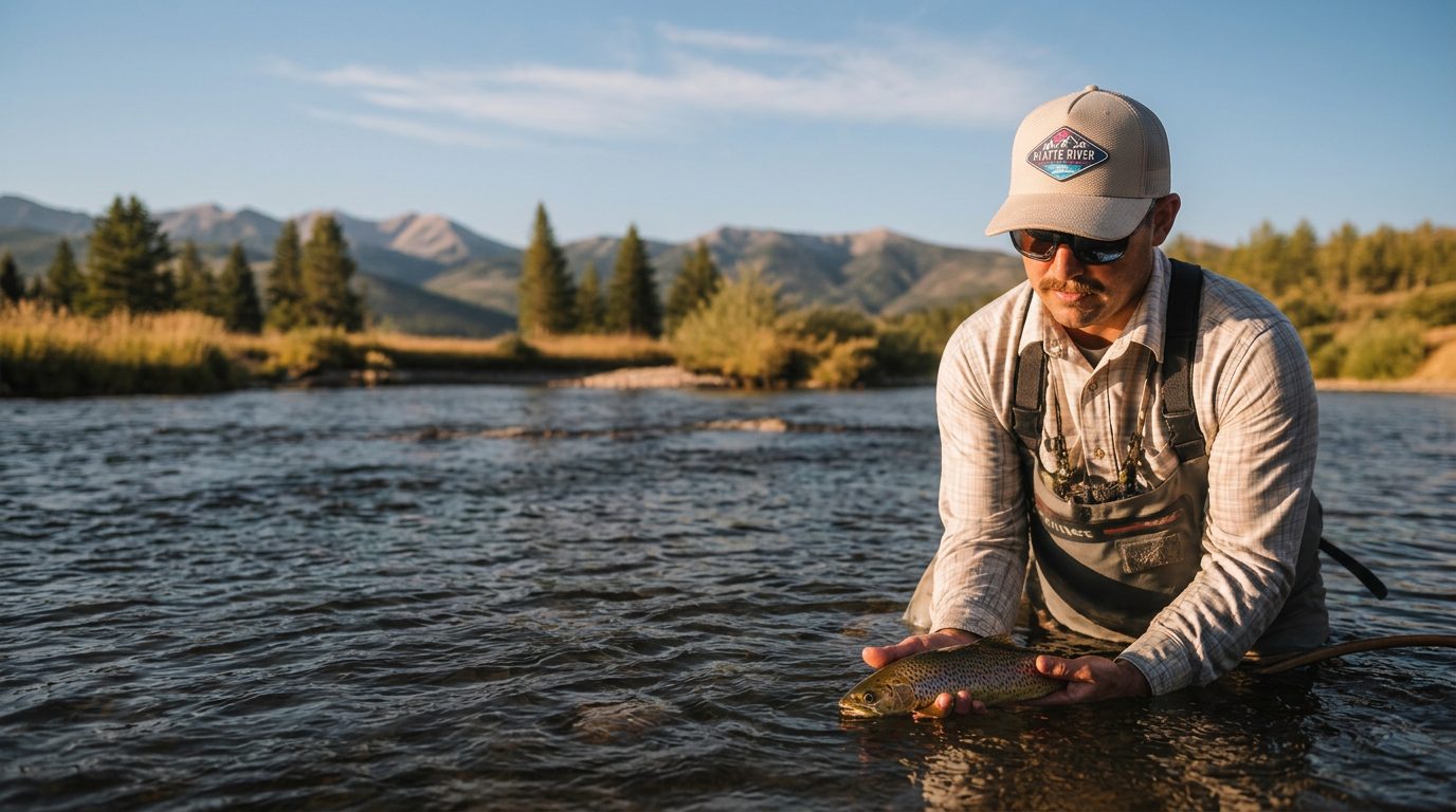 Fly fisherman in a Colorado river wearing a Platte River Hat Co. patch trucker hat, releasing a brown trout